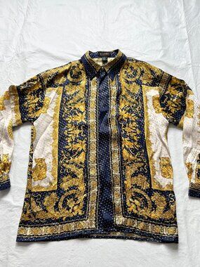 Vintage silk shirt button front silk gold blue cheetah mens Medium long sleeve